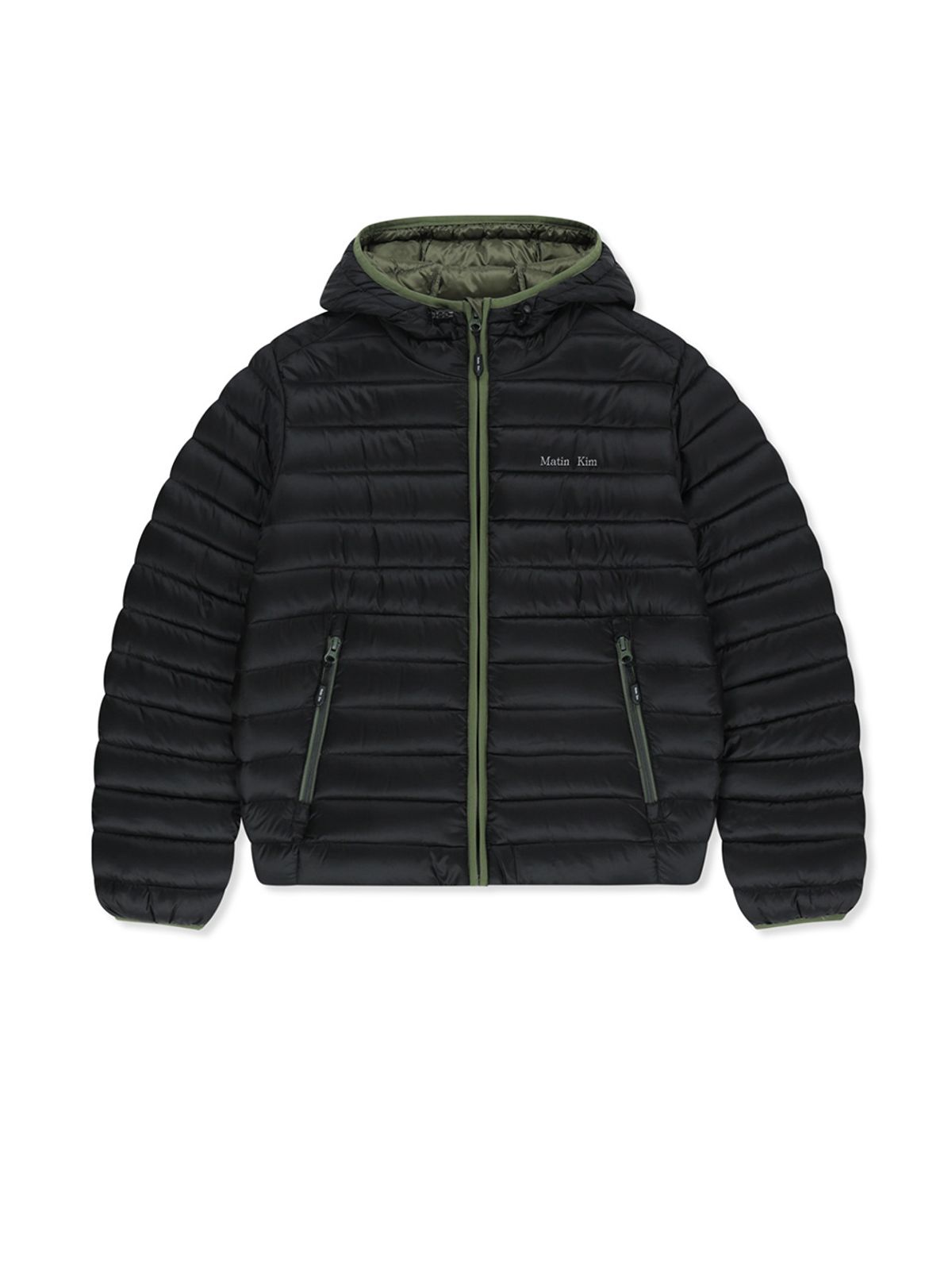 마뗑킴(MATIN KIM) CONTRAST TRIM LIGHT DOWN HOODY JUMPER IN BLACK