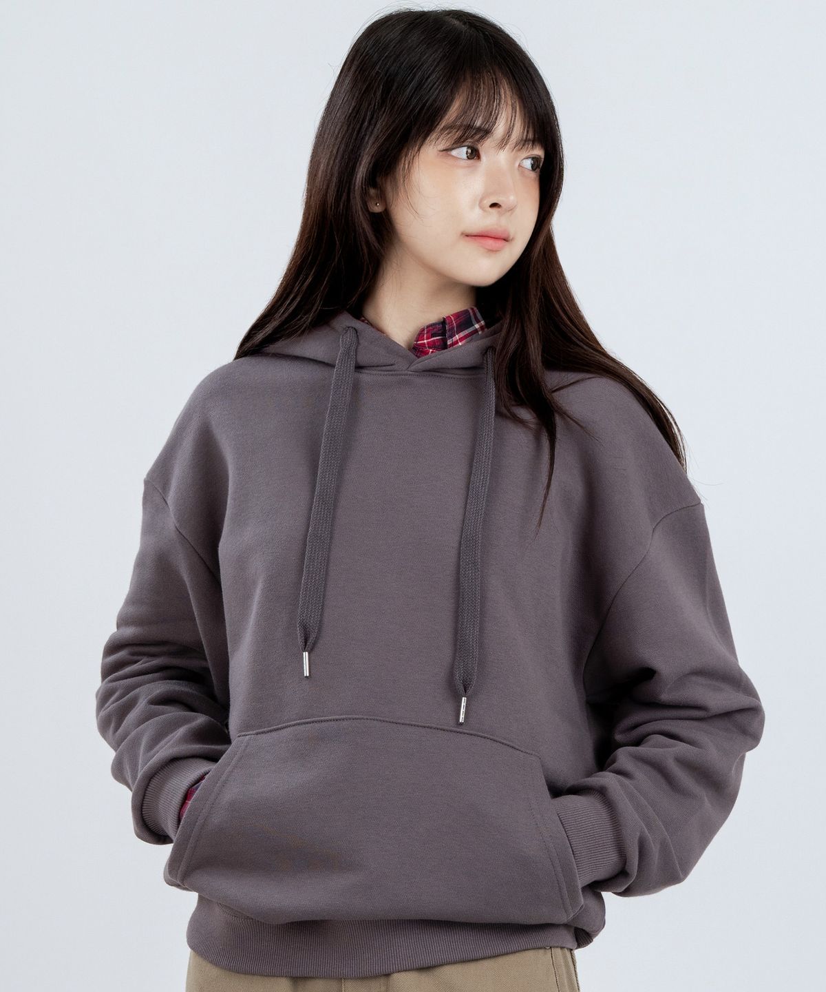 엘런아시(ELLENASSY) 무지 베이직 오버핏 후드 다크그레이