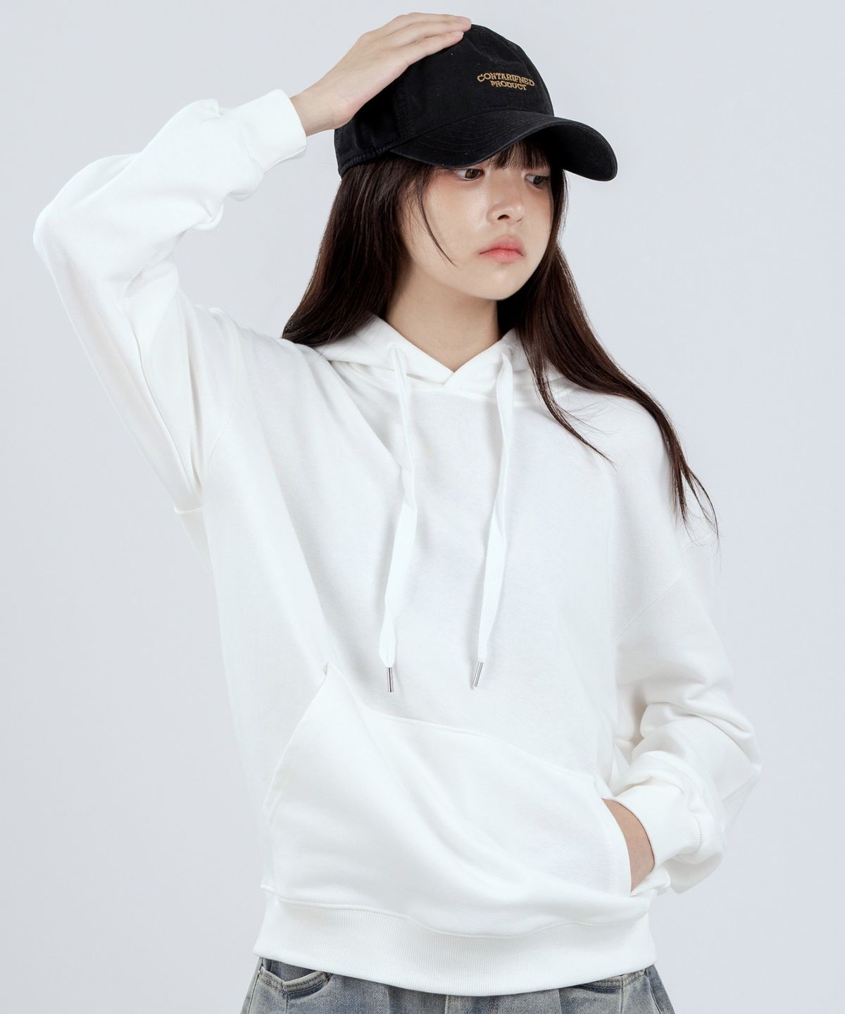 엘런아시(ELLENASSY) 무지 베이직 오버핏 후드 아이보리