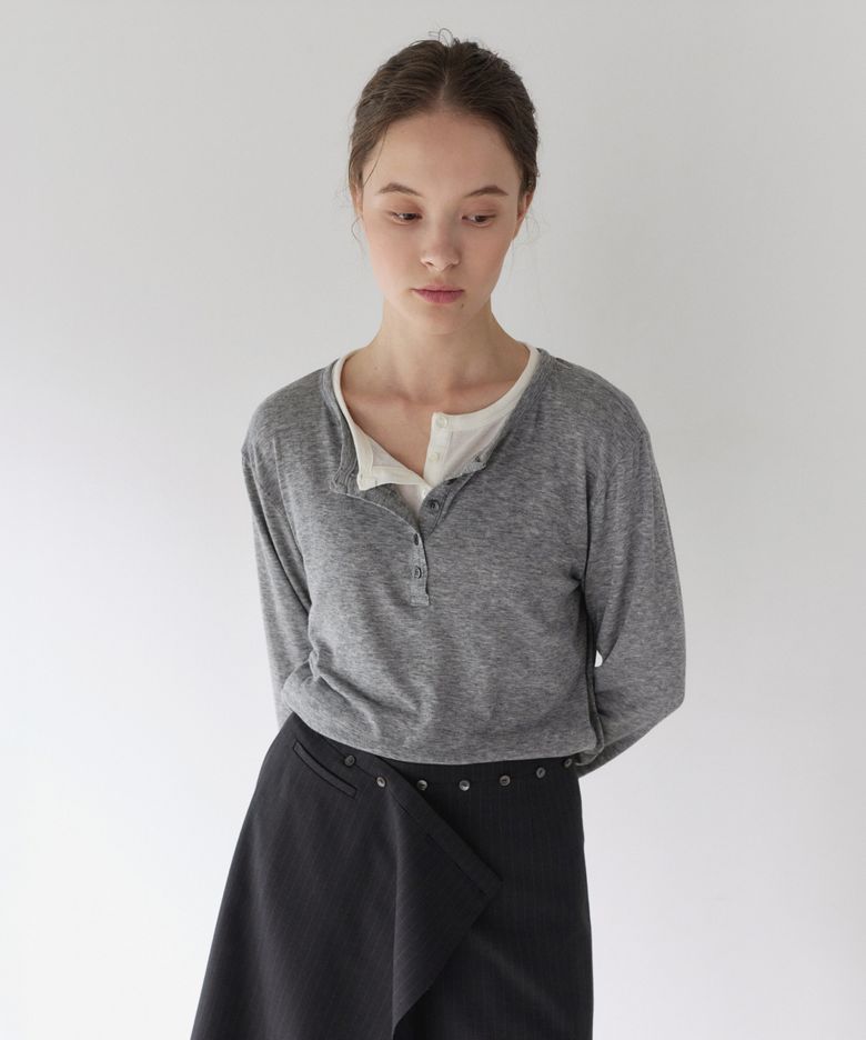 SOFT HENLEY NECK LONG SLEEVE, MELANGE GREY