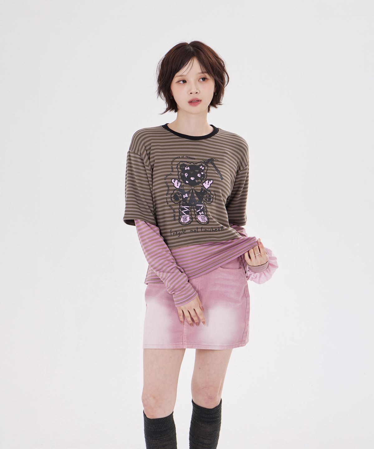 디스펑트(DYSFUNCT) ANGEL HAMMER BEAR STRIPE LAYERED T-SHIRT(KHAKI)