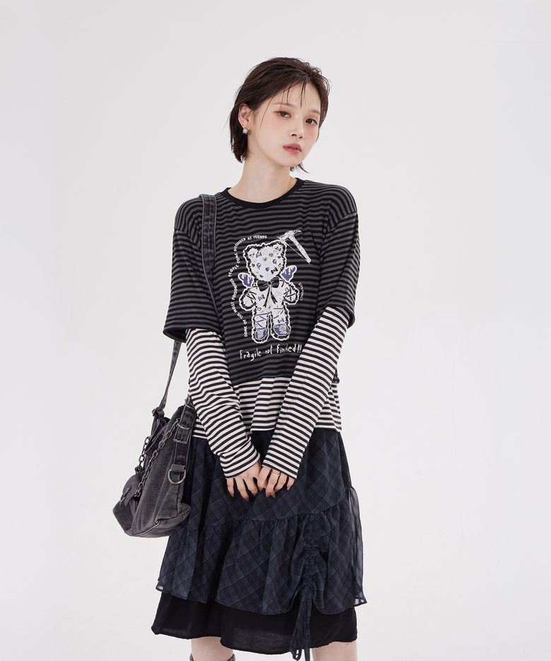 ANGEL HAMMER BEAR STRIPE LAYERED T-SHIRT(CHARCOAL)