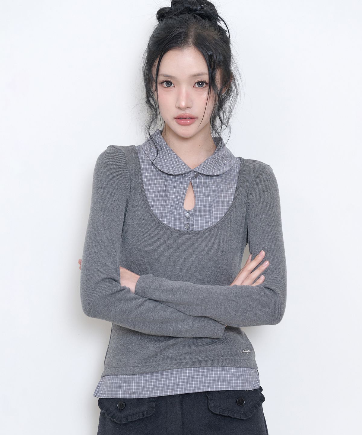 일리고(ILLIGO) 레이어드 셔츠 버튼 탑 차콜