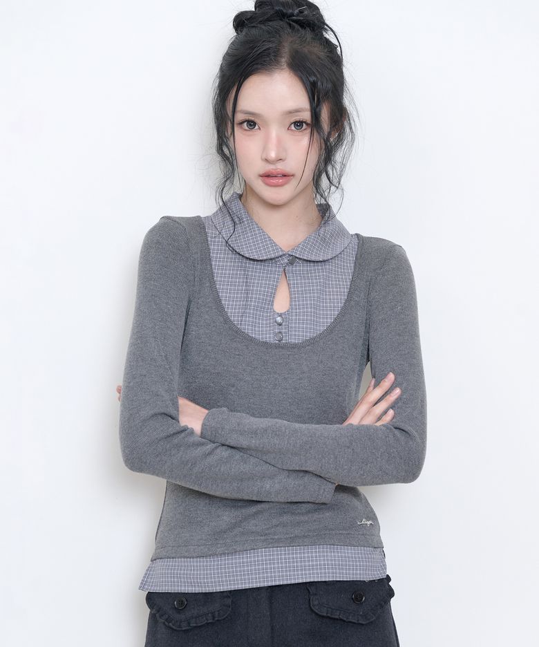 레이어드 셔츠 버튼 탑 차콜