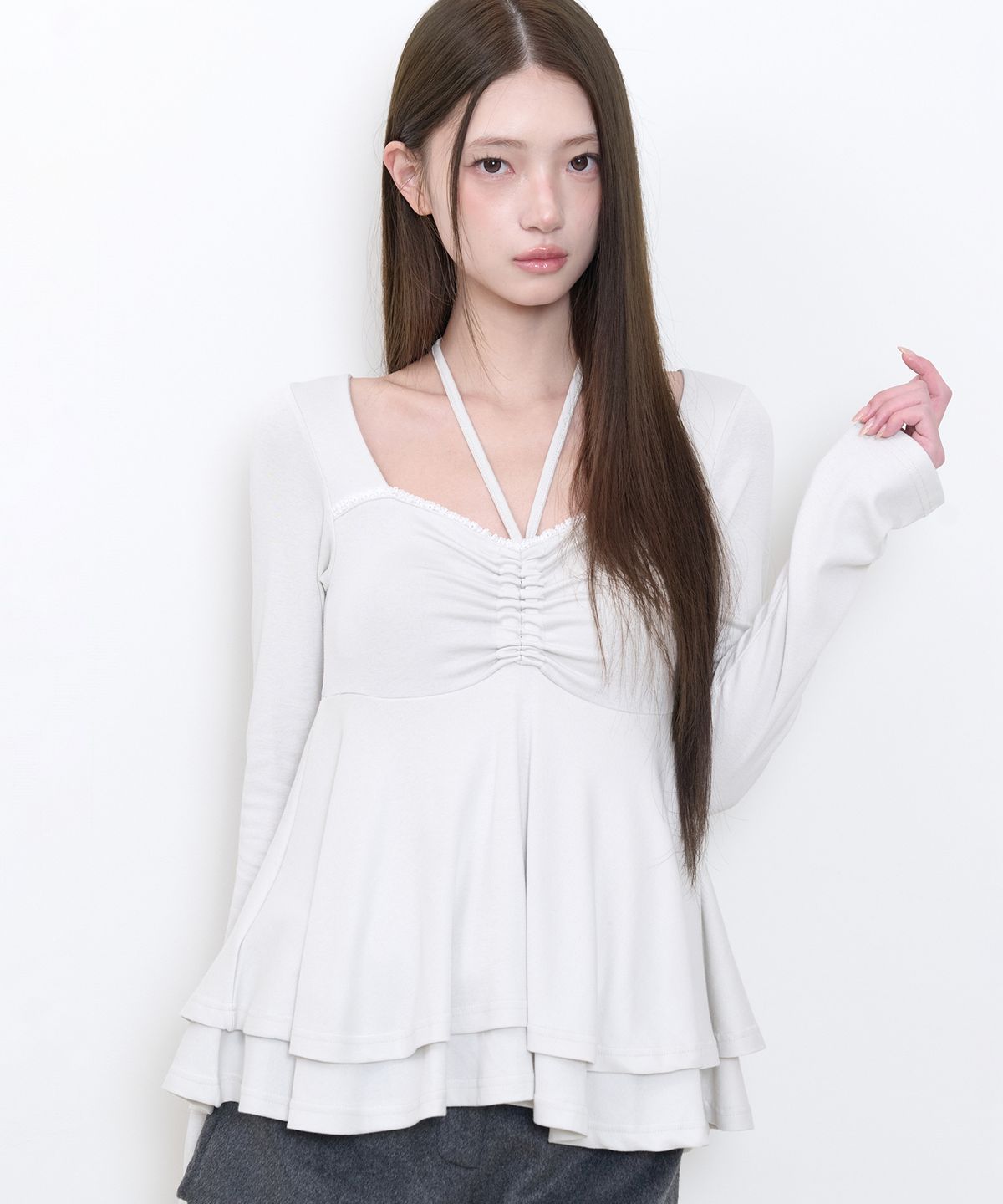 일리고(ILLIGO) 홀터 플레어 롱슬리브 그레이