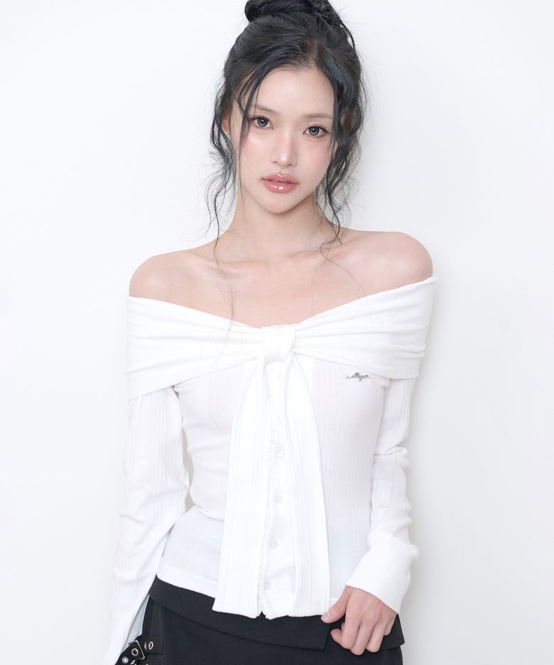 퓨어 보우 가디건 탑 화이트