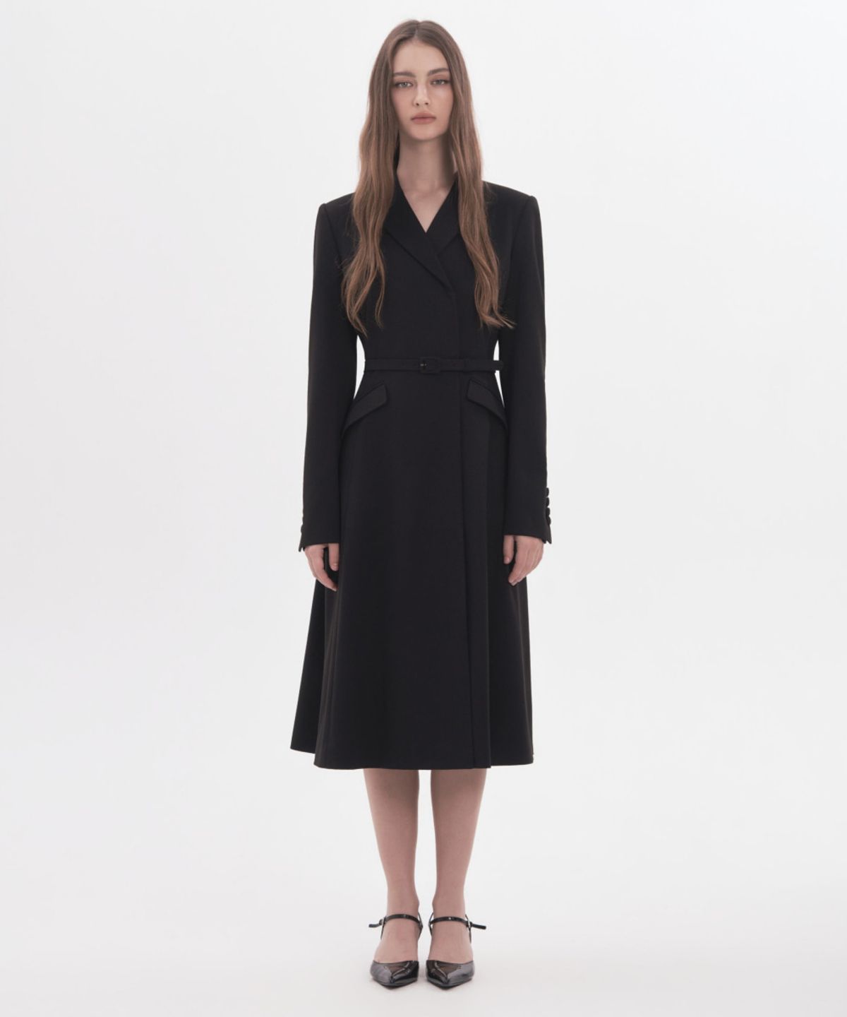 마우솔레움(MAU SOLEUM) Jenn Herringbone Long Belted Dress - Black