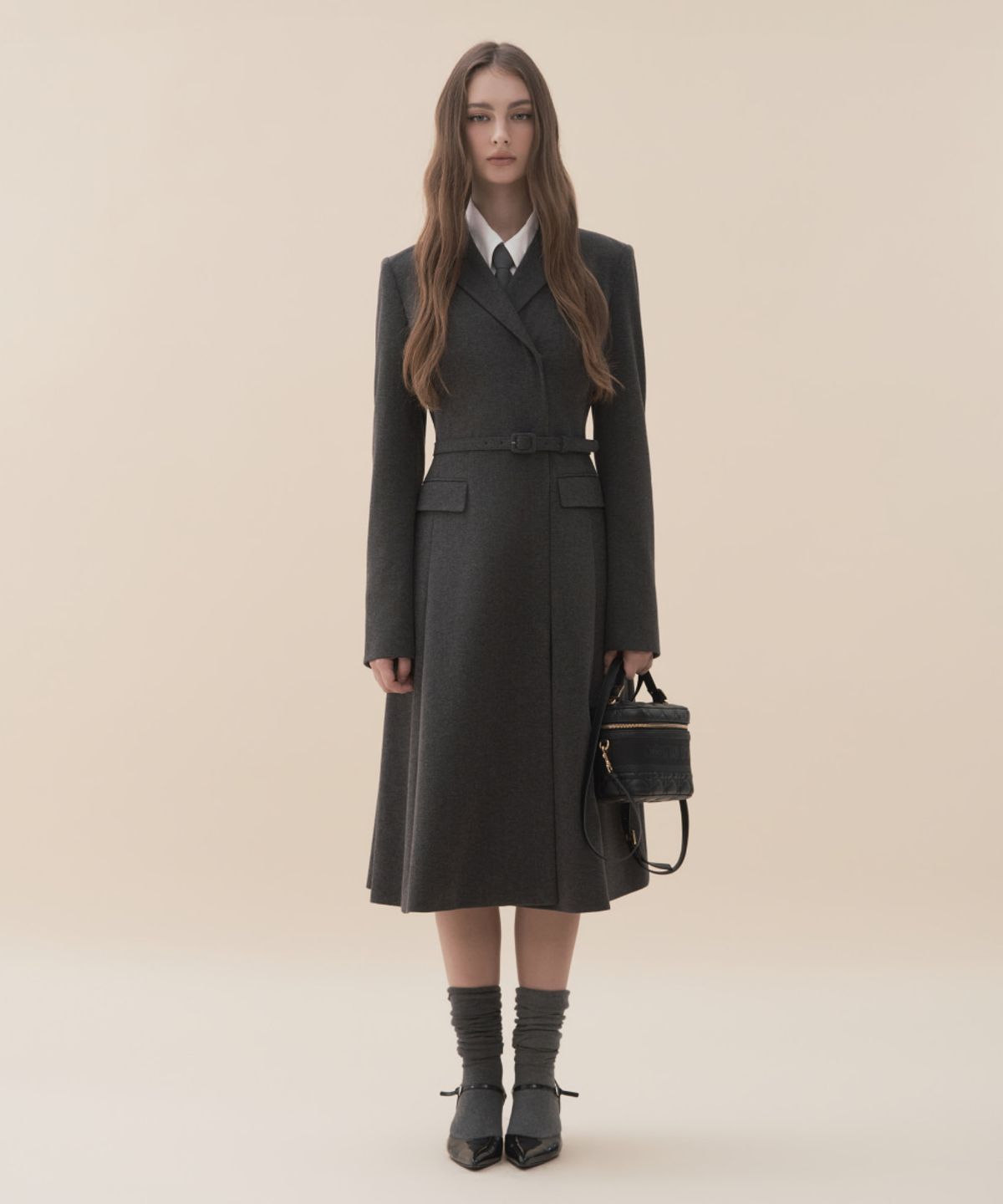 마우솔레움(MAU SOLEUM) Jenn Herringbone Long Belted Dress - Dark Grey