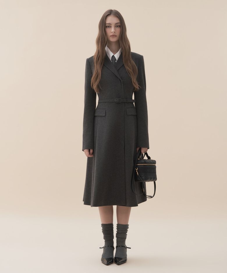 Jenn Herringbone Long Belted Dress - Dark Grey