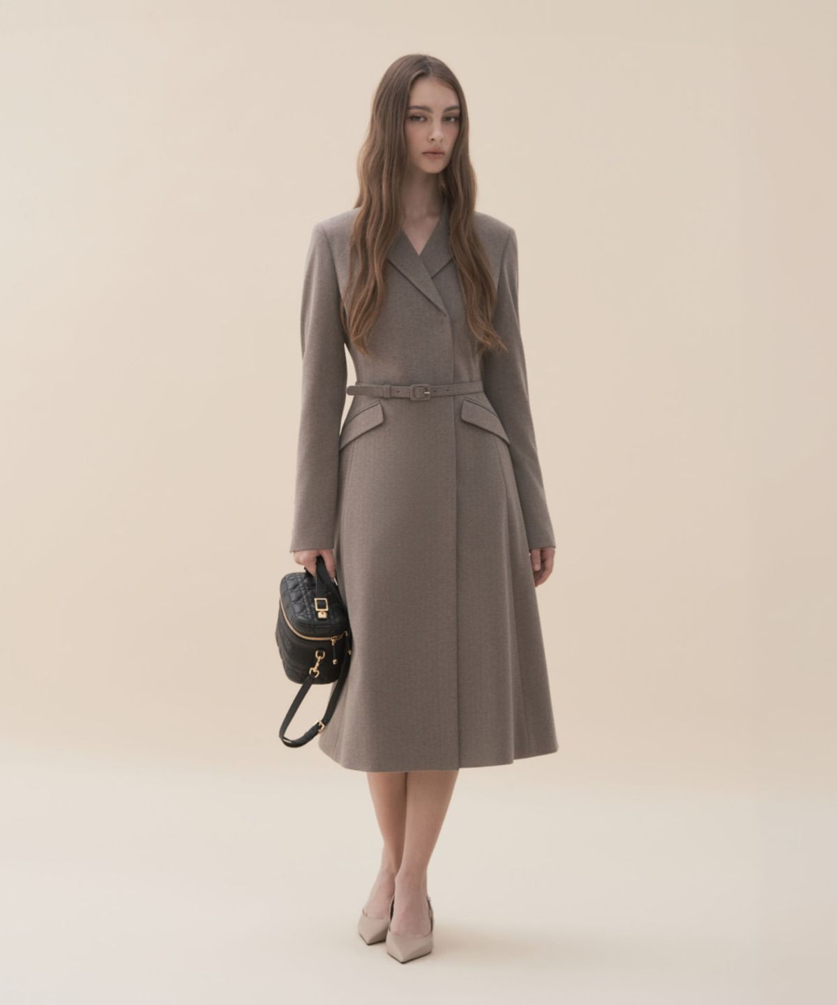 마우솔레움(MAU SOLEUM) Jenn Herringbone Long Belted Dress - Brown