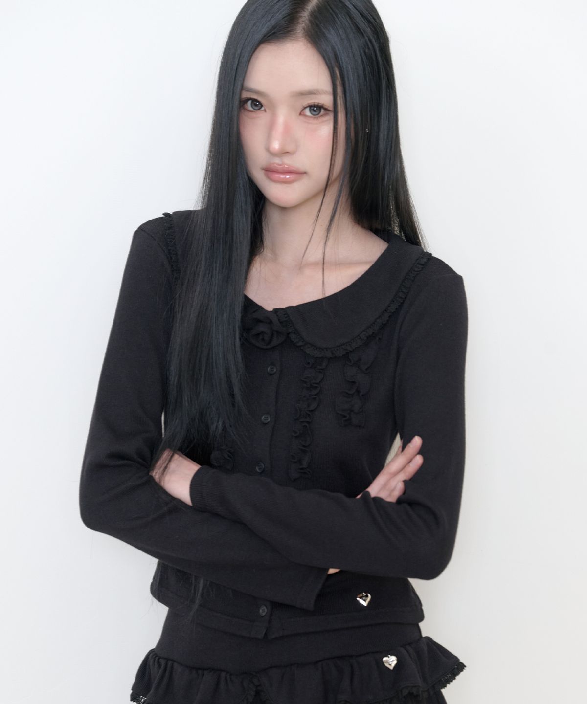 일리고(ILLIGO) 블룸 프릴 가디건 블랙