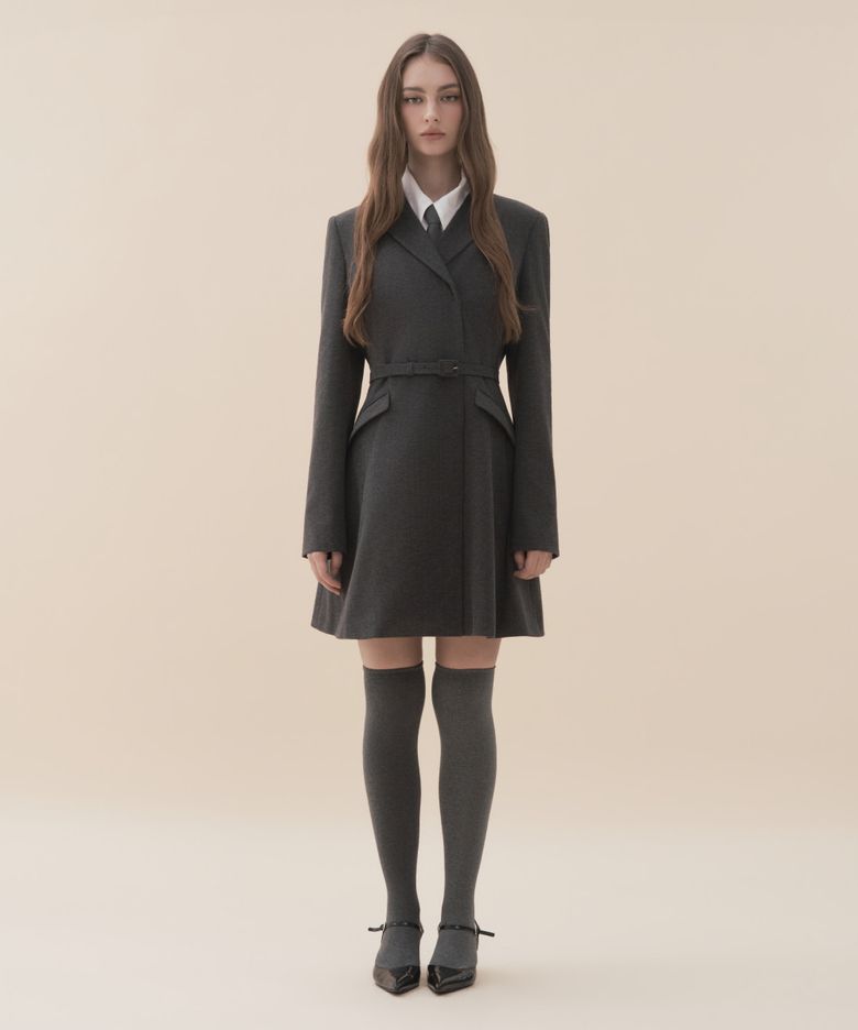 Jenn Herringbone Belted Mini Dress - Dark Grey