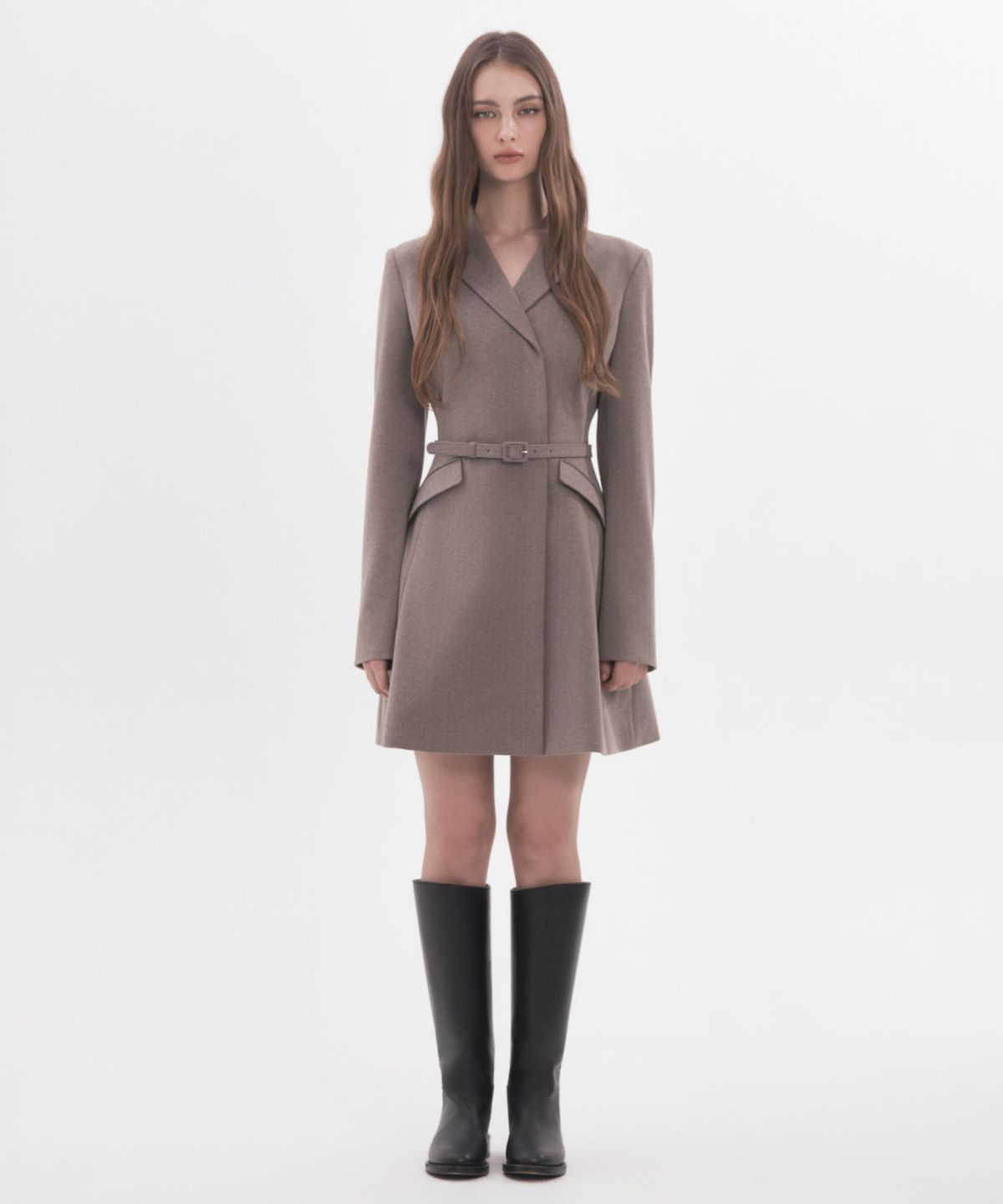 마우솔레움(MAU SOLEUM) Jenn Herringbone Belted Mini Dress - Brown