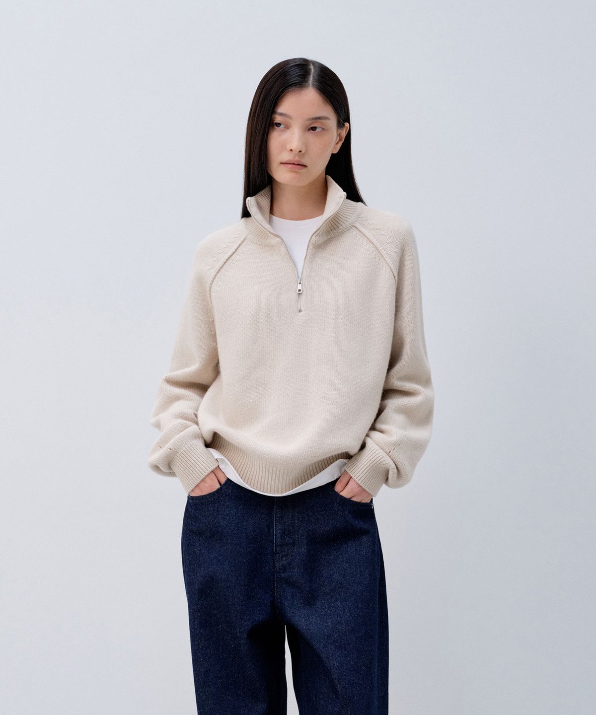 노티아(NOTIA) HIGH NECK HALF ZIPUP KNIT PULLOVER_BEIGE