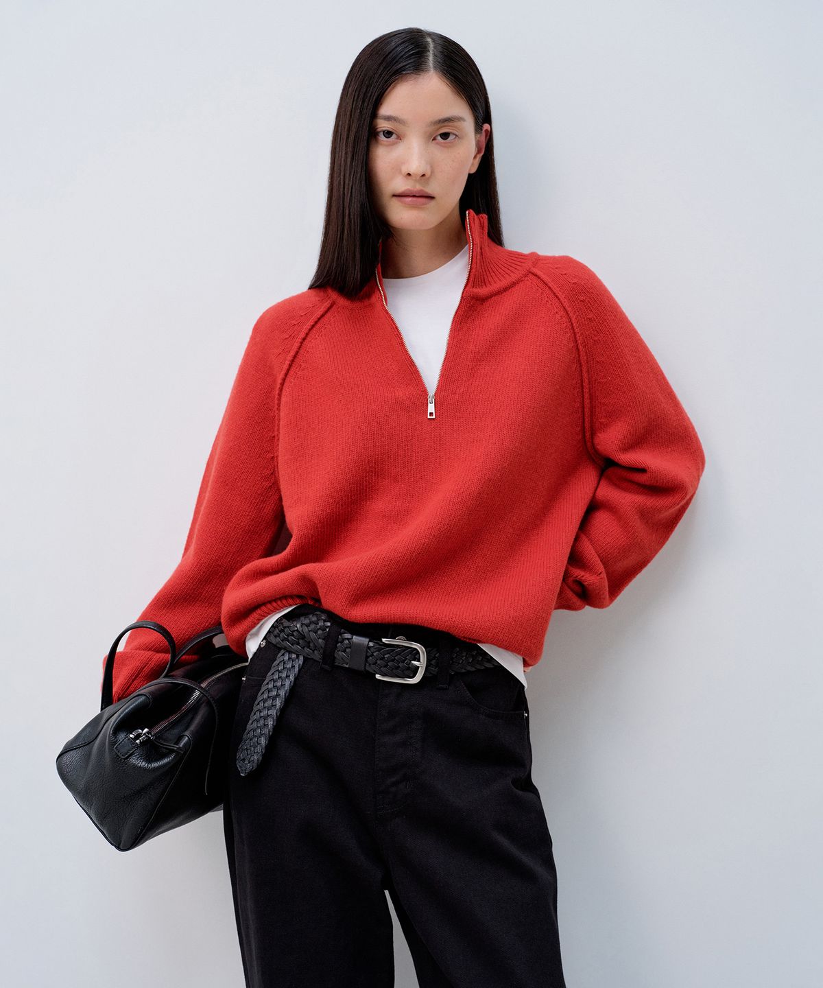 노티아(NOTIA) HIGH NECK HALF ZIPUP KNIT PULLOVER_RED ORANGE