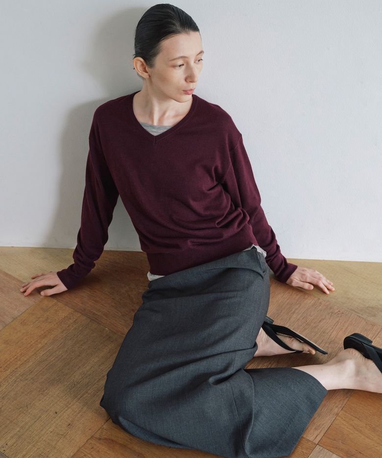 WOOL SILK V NECK KNIT PULLOVER_PLUM