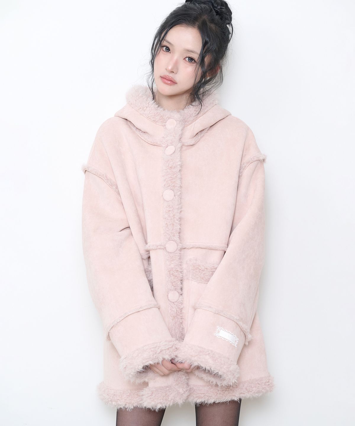 일리고(ILLIGO) 시어링 무스탕 하프 코트 핑크