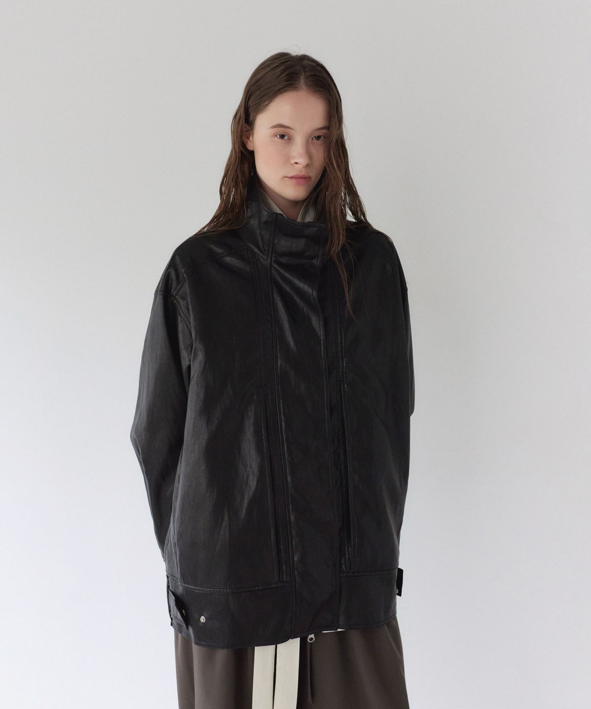 이어닝(YEARNING) HIGH-NECK LEATHER JACKET, BLACK