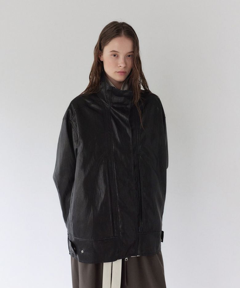 HIGH-NECK LEATHER JACKET, BLACK