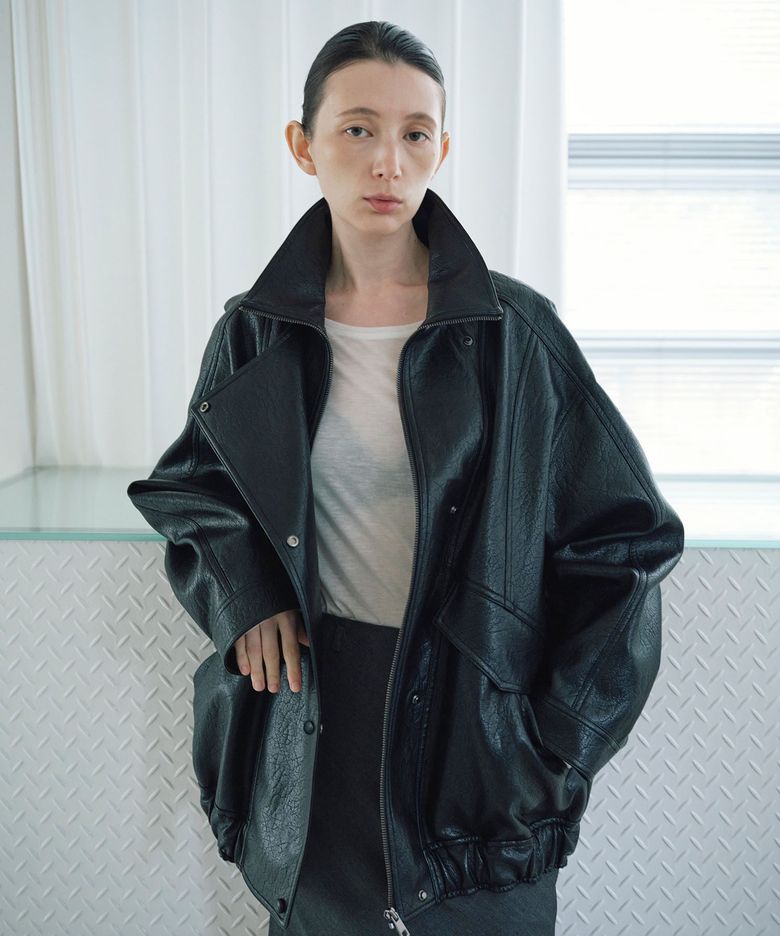 LOOSE FIT HIGH NECK LEATHER JACKET_BLACK