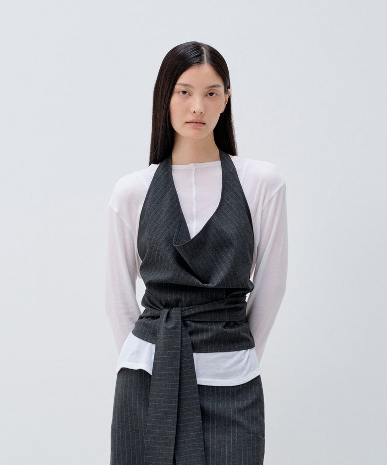 WOVEN HALTER NECK TOP_CHARCOAL STRIPE