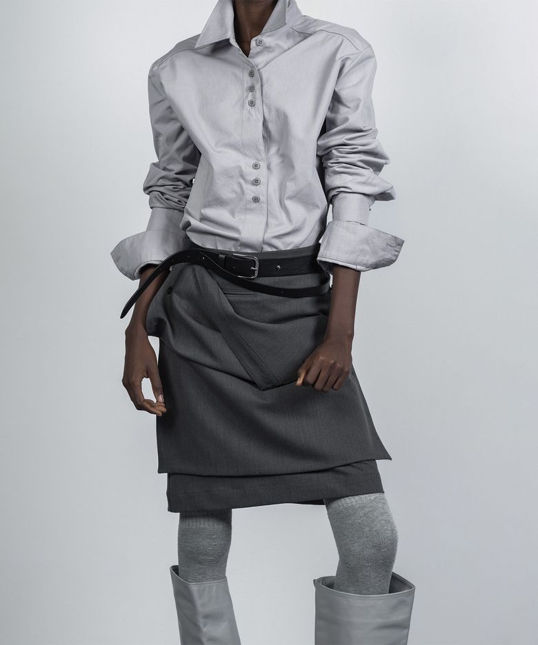 LAYERED BUTTON MIDI SKIRT MELANGE CHARCOAL