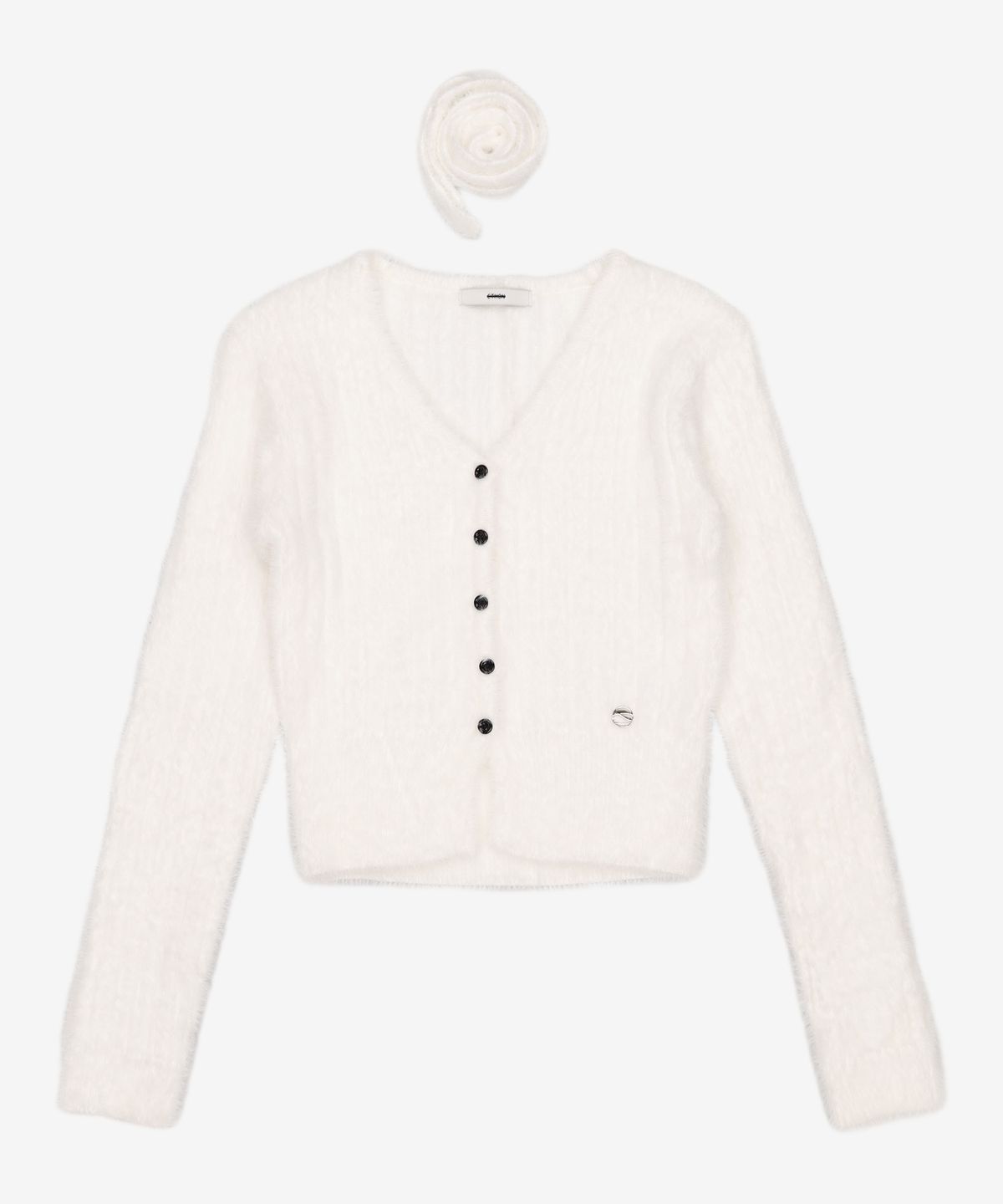 에트몽(ETMON) Fluffy Scarf Knit Cardigan, Ivory FREE