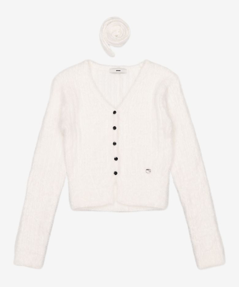 Fluffy Scarf Knit Cardigan, Ivory FREE