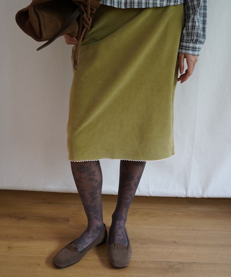 KATIE Velveteen Cotton Midi Skirt Olive