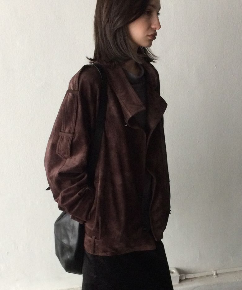 NOIR High-Neck Suede Jacket Mahogany