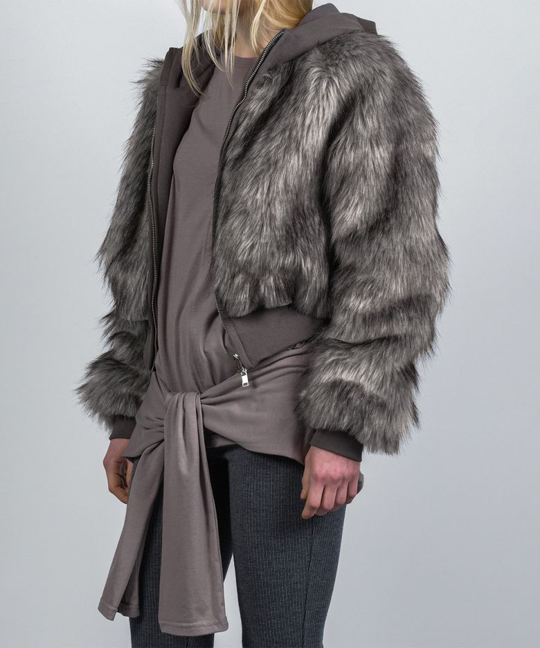 HOODIE CROP FAUX FUR JACKET GRAY