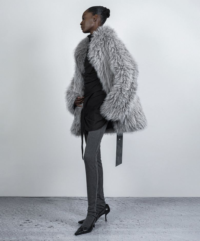 REVERSIBLE FAUX FUR LEATHER COAT STONE GRAY