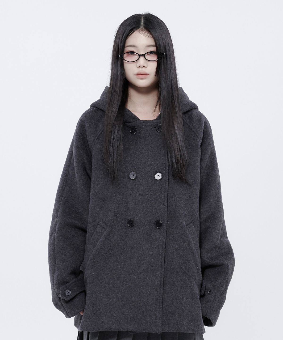 알키알카(ALKI ALKA) Hooded Half Coat (Charcoal)_ALKAS01534