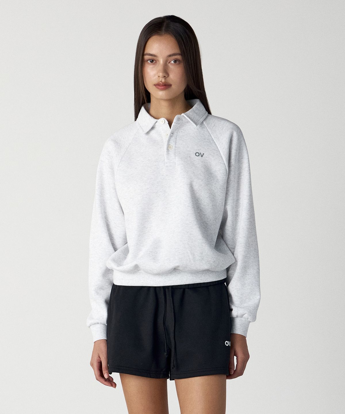 아웃도어 보이스(OUTDOOR VOICES) OV LOGO POLO SWEATSHIRT (LIGHT HEATHER GRAY)