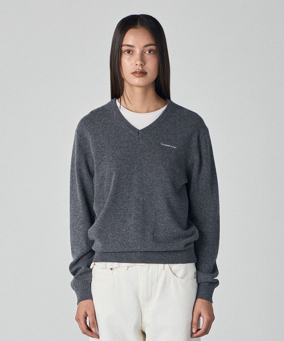 아웃도어 보이스(OUTDOOR VOICES) WOOL CASHMERE V NECK SWEATER (GRAY)