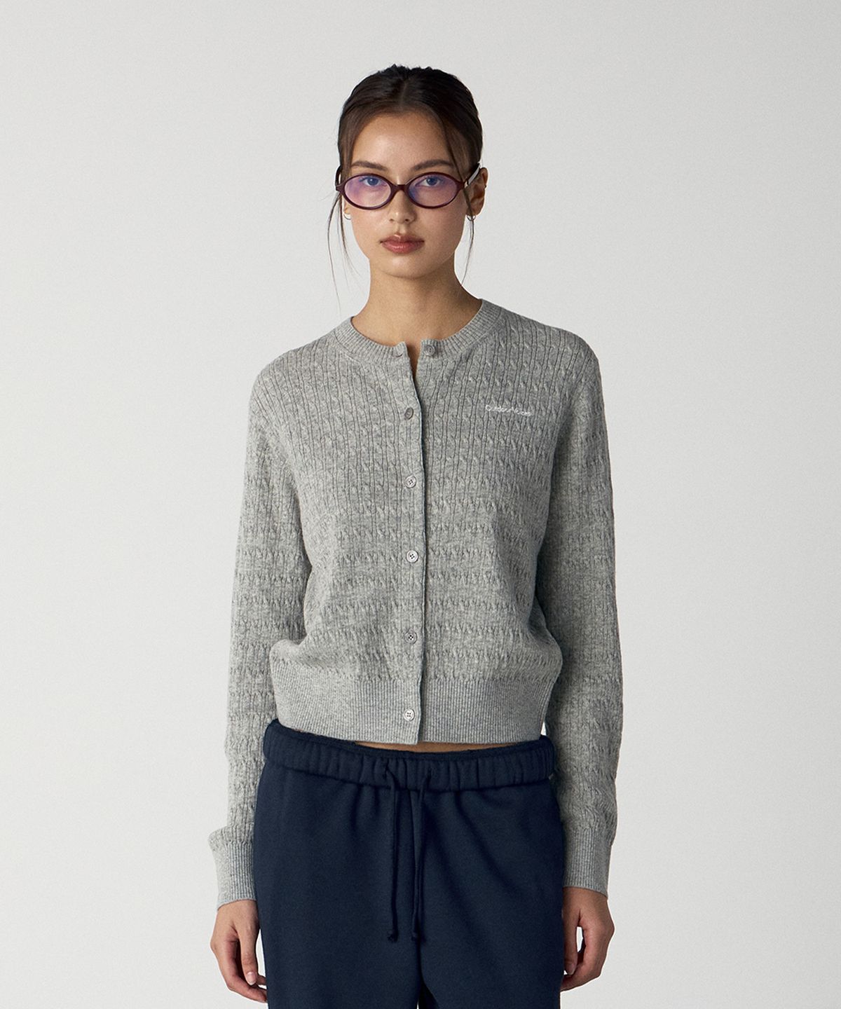 아웃도어 보이스(OUTDOOR VOICES) (W)CABLE KNIT ROUND NECK WOOL CARDIGAN (GRAY)