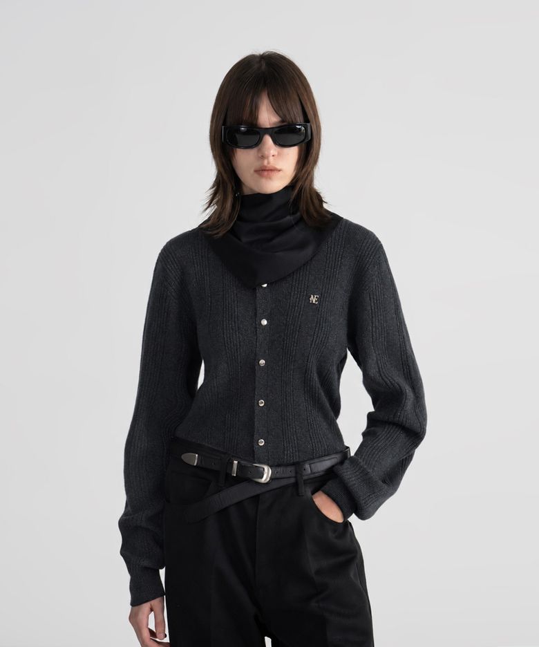 SNAP BUTTON RIBBED CARDIGAN - CHARCOAL