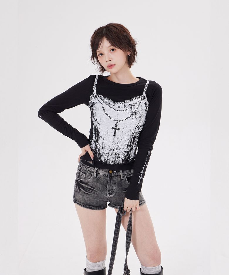LACE CORSET GRAPHIC LONG SLEEVE TEE(BLACK)