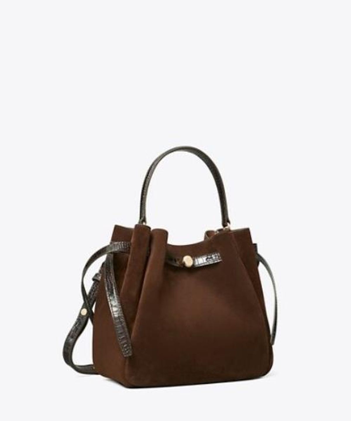 토리버치(TORYBURCH) 로미 스웨이드 버킷 백 - 다크 코코아