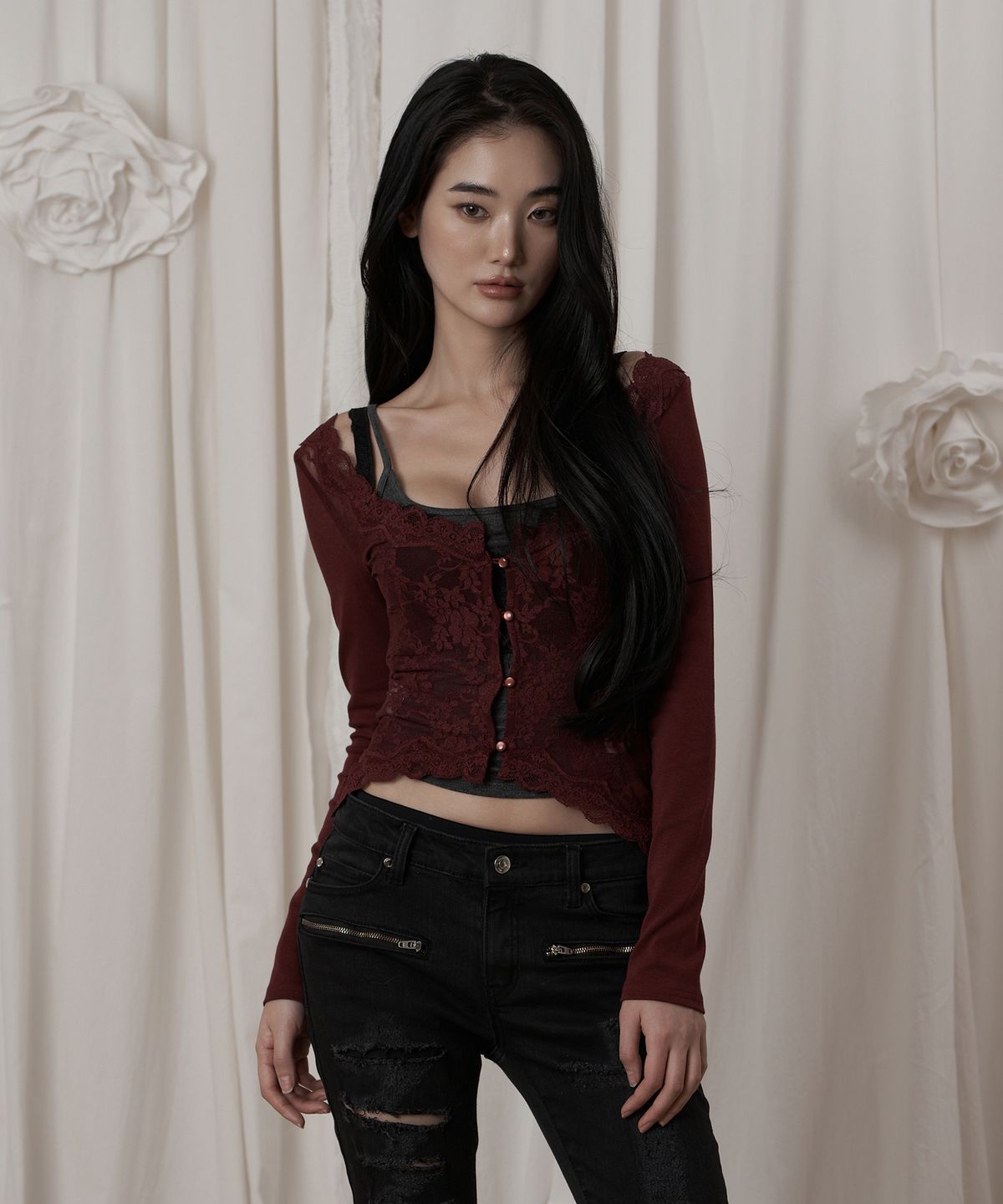 일리오(ILLIO) Wine Angela lace cardigan