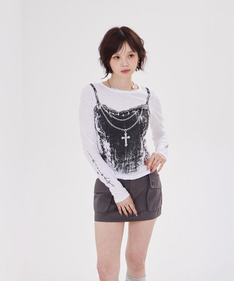 LACE CORSET GRAPHIC LONG SLEEVE TEE(WHITE)