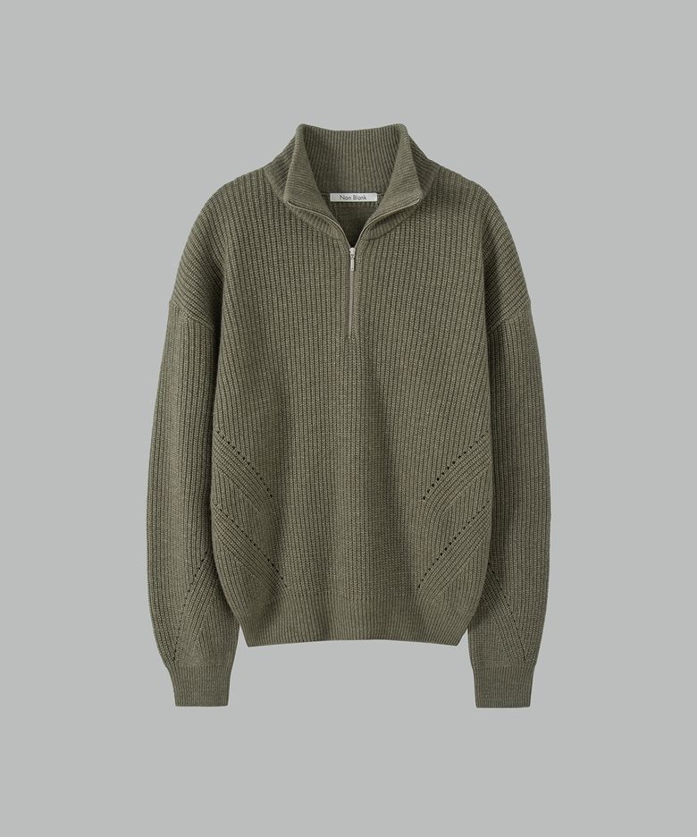 캐시미어 블렌드 루즈 핏 하프 집업 칼라 니트_OLIVE KHAKI
