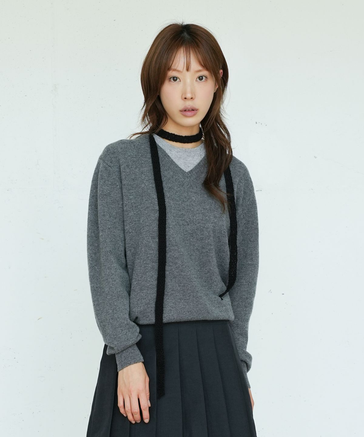유니온블루 우먼(UNIONBLUE WOMAN) LAYERED V-NECK KNIT [MELANGE GRAY]