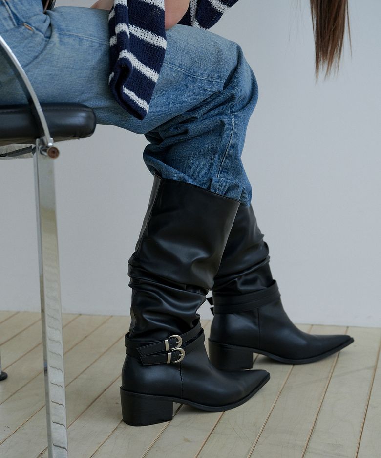 me542 Slouch dubble buckle  long boots 슬라우치 더블 버클 부츠 6cm
