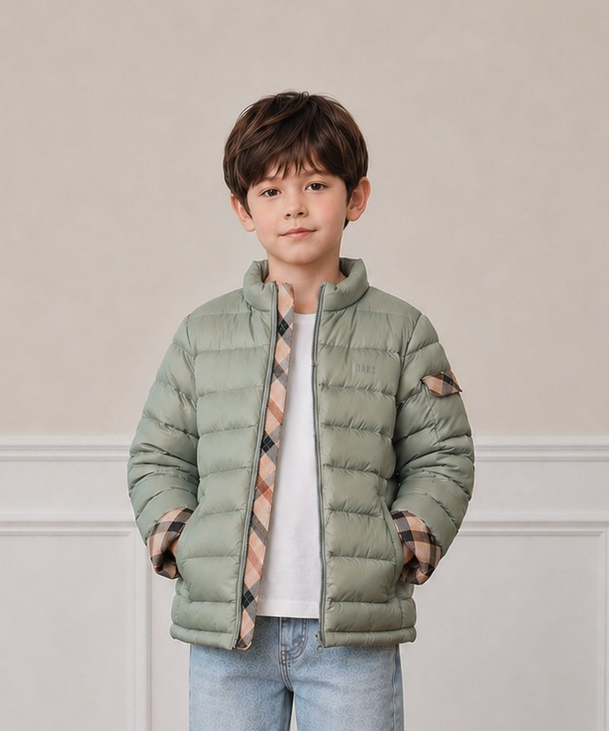 닥스키즈(DAKS KIDS) 하우스체크 배색 경량패딩 (라이트카키) DVJU6D702M_LK