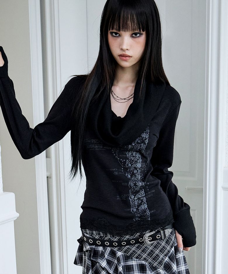 Slouchy-Neck Lace Top (BLACK)