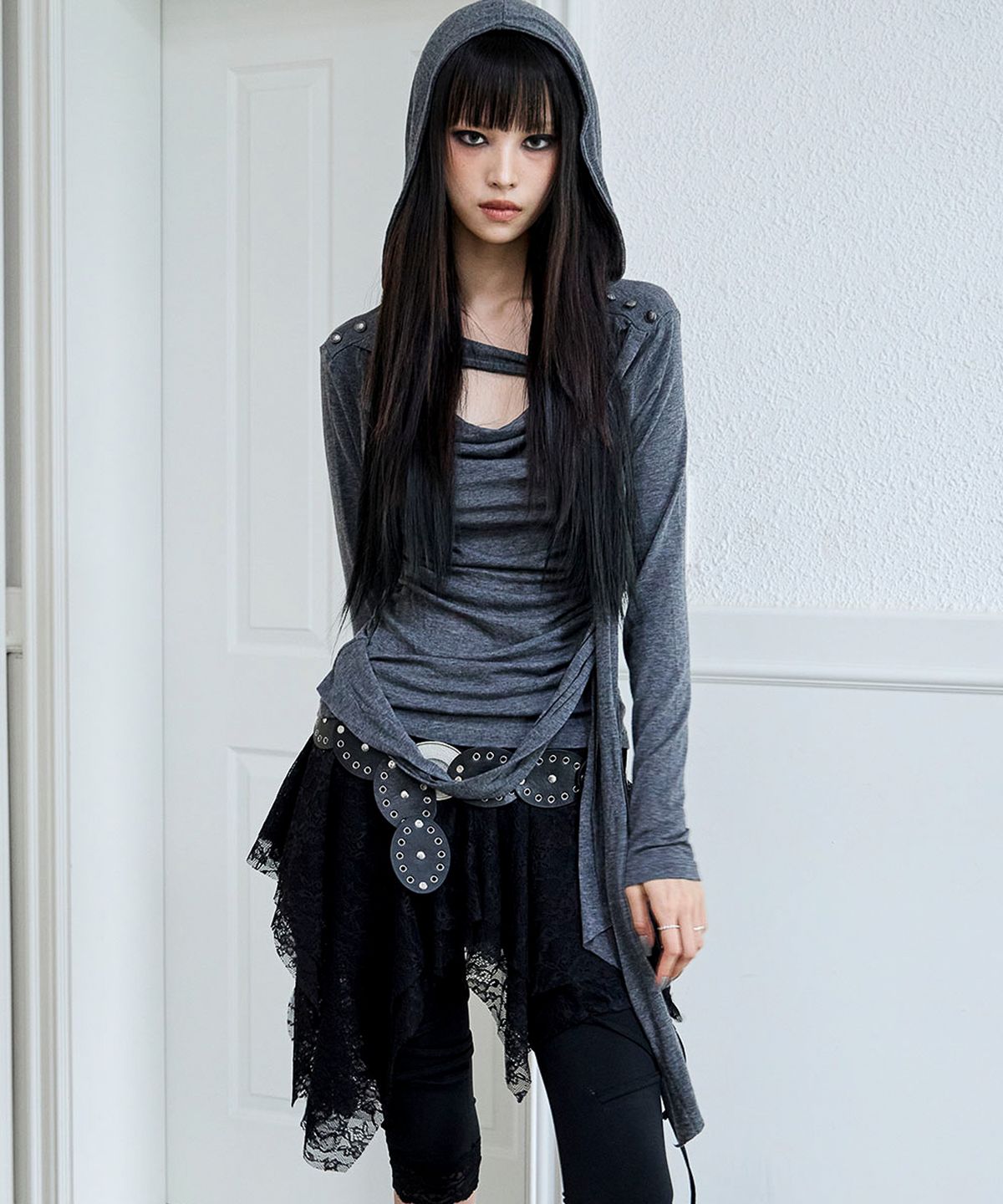 낫노잉(NOTKNOWING) Drape Braided Hoodie (GREY)