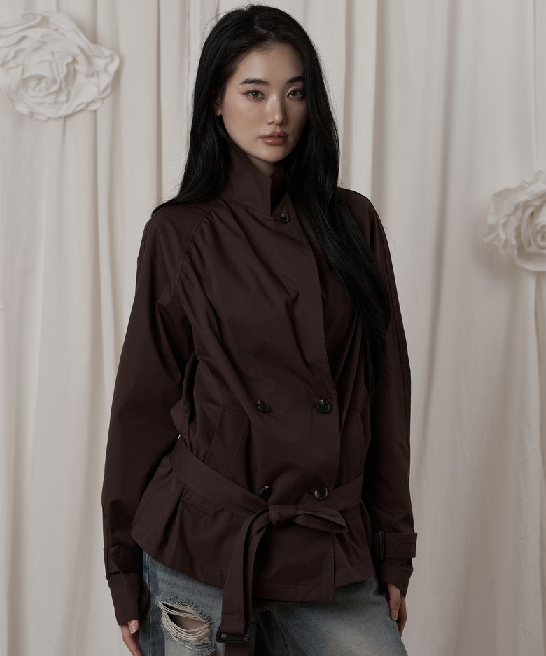Brown Shirring half trench coat