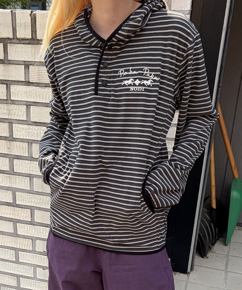 멀티 스트라이프 플리스 후디 차콜