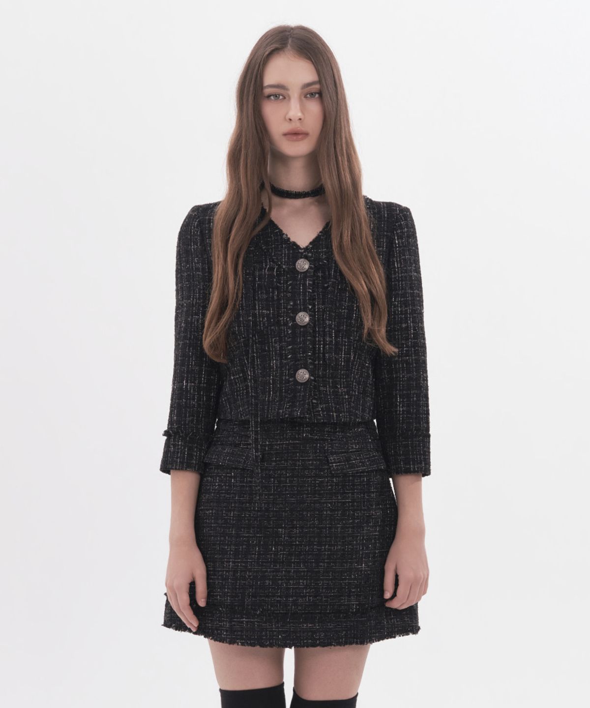 마우솔레움(MAU SOLEUM) Fringed Tweed Mid-Sleeve Jacket - Multi Black